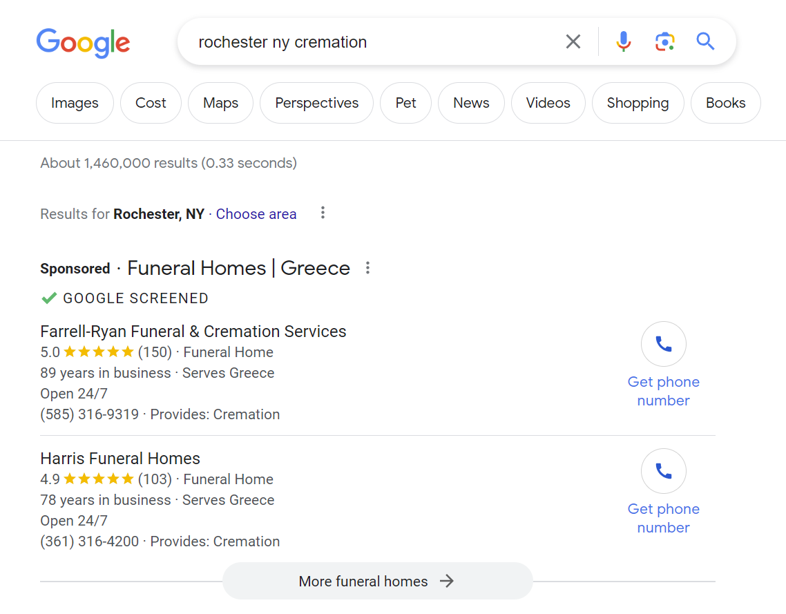 Example of a Google Local Service Ads for Funeral Homes