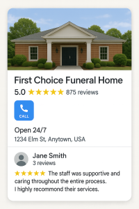 Google Business Profile of a funeral home with tons of great reviews