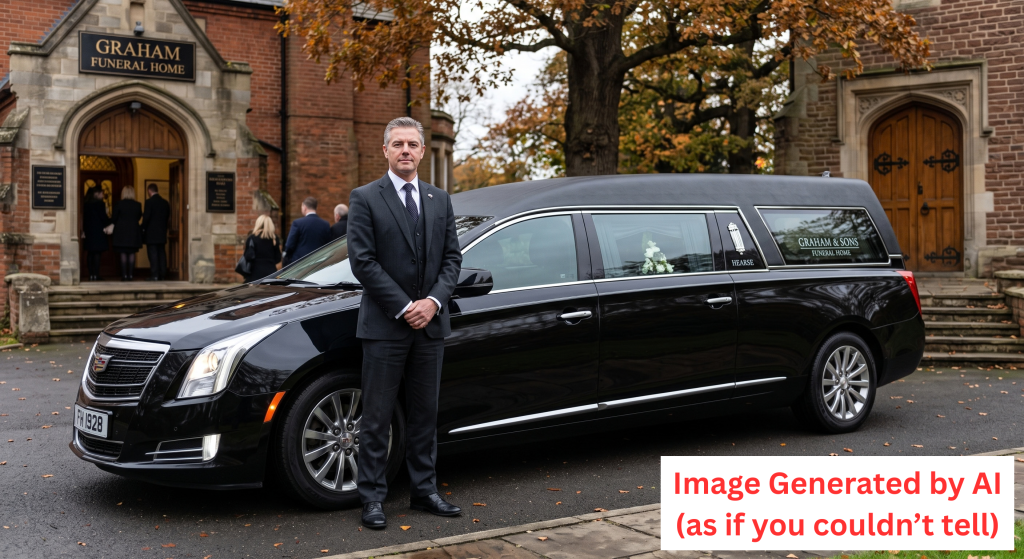 An obviously AI-generated image of a funeral director, serving as an example of AI slop that should be avoided.